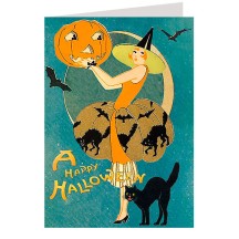 Pumpkin Maiden and Black Cat Halloween Card ~ England
